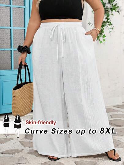 SHEIN CURVE+ Curve Size US22Music Festival, Seaside Vacation, BohemiaCurves /Chool Clothes/Back To School Clothes /Back To SchoolWomen 100% Cotton Casual Drawstring Straight Leg Pants