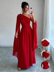 Rafferiza 女士时尚单肩长袖花卉装饰垂褶腰身连衣裙，适合正式场合 - 紅色 - 查看 7