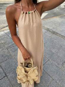 Selianne 1件装 女士休闲串珠褶皱A字喇叭形露背沙滩度假连衣裙，春夏款 - 卡其色 - 查看 3