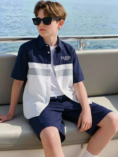 两件套青少年男士绅士套装，包含一件短袖衬衫和一条蓝色短裤，百搭正式、商务、休闲、优雅风格，适合生日派对和日常穿着。
