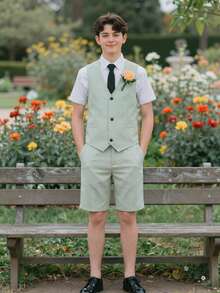 SHEIN Bộ trang phục lịch lãm 2 món cho bé trai tuổi teen, gồm áo vest ôm sát màu xanh bạc hà phối viền tương phản và quần short, bộ vest trang trọng thanh lịch dành cho sinh nhật, đám cưới, lễ tốt nghiệp, khách mời đám cưới, phù rể, người mang nhẫn. - Màu xanh Bạc hà - Xem 1