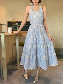 DAZY 女士吊带条纹花卉刺绣图案休闲度假约会连衣裙 - 藍色 - 查看 3