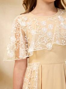 少女花卉刺绣网纱拼接优雅圆领连衣裙 - 棕色 - 查看 6