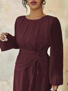Roveilla 大码女式春夏法式浪漫西西里优雅休闲通勤度假圣诞派对纯棕色圆领褶皱腰抽绳A字弹力腰长袖连衣裙 - 紫紅色 - 查看 3