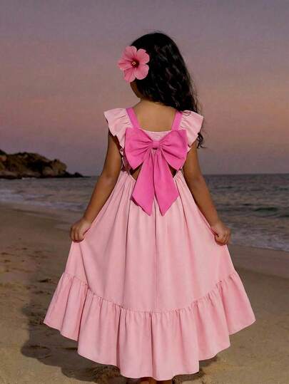 Summer 1pc Girls' Sweet Contrast Color Bow Tie Dress, Girly Square Neck Puff Sleeve Pleated Top + Multi-Layer Skirt, Oversized Bow Tie Back Design, Relaxed Fit Cute Dress For Spring/Summer, Suitable For Dates, Vacation  Pink Bow Dress Girl Dusty Rose Dress For Girls Bohemela Dress
