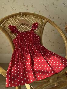 SHEIN Vestido casual con cuello cuadrado, volantes en el bajo y estampado de lunares para niña - Blanco - Ver 2