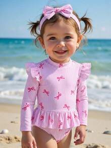 SHEIN 女婴蝴蝶结发带泳衣、女婴泳衣、蝴蝶结荷叶边泳衣、女婴服装、女婴荷叶边袖泳衣、女婴度假套装、2T 女婴泳衣、女婴拉链泳衣、女婴长袖泳衣、女婴防晒泳衣、幼儿女童长袖泳衣、幼儿防晒泳衣、女童碎花泳衣、幼儿全包泳衣、幼儿夏季套装、婴儿沙滩套装、热带风情女婴泳衣、长袖婴儿泳衣、亲子泳装 - 粉色 - 查看 2