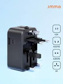 JMMO 旅行适配器，全球通用一体式旅行适配器交流电源插头适配器壁式充电器，带 USB-C 和 USB-A 充电端口，适用于美国、欧盟、英国、澳大利亚、黑色 - 黑色 - 查看 1