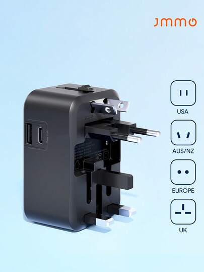 JMMO 旅行适配器，全球通用一体式旅行适配器交流电源插头适配器壁式充电器，带 USB-C 和 USB-A 充电端口，适用于美国、欧盟、英国、澳大利亚、黑色
