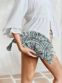 SHECARRY Túi xách nữ, ví cầm tay, túi cói, tua rua, thời trang, thanh lịch, đơn giản, cá tính, thích hợp cho bãi biển, kỳ nghỉ, du lịch, mùa hè, ven biển. - Màu xanh nhạt - Xem 1