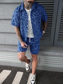 SLATEMANN 男士夏季休闲度假印花短袖衬衫和抽绳腰短裤套装 男士夏季运动服套装 男士服装套装 蓝白男士两件套 夏季蓝色两件套 男士两件套服装 蓝色男士街头服饰套装 - 藍色 - 查看 4