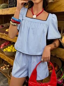 Selianne Bộ trang phục thường ngày cho nữ, cỡ tiêu chuẩn, cổ vuông, viền bèo, thích hợp cho kỳ nghỉ xuân/hè. - Màu xanh lam - Xem 7