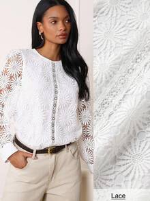Lilora Stylish White Round Neck Lace Blouse Women's Long Sleeve Regular Fit Top Wedding Summer Elegant - Apricot - View 3