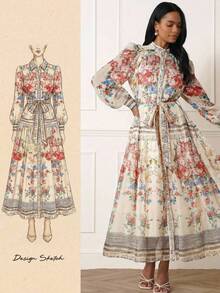 Lilora Đầm dài dáng suông, thanh lịch và thời trang, chất liệu Tencel, họa tiết hoa, cổ đứng, cài cúc đơn, thắt eo, xếp ly, tay phồng, thích hợp cho các dịp thường nhật, nghỉ lễ và trang trọng. - Nhiều màu - Xem 1