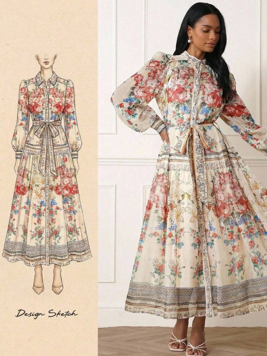 Lilora Đầm dài dáng suông, thanh lịch và thời trang, chất liệu Tencel, họa tiết hoa, cổ đứng, cài cúc đơn, thắt eo, xếp ly, tay phồng, thích hợp cho các dịp thường nhật, nghỉ lễ và trang trọng. - Nhiều màu - Xem 1