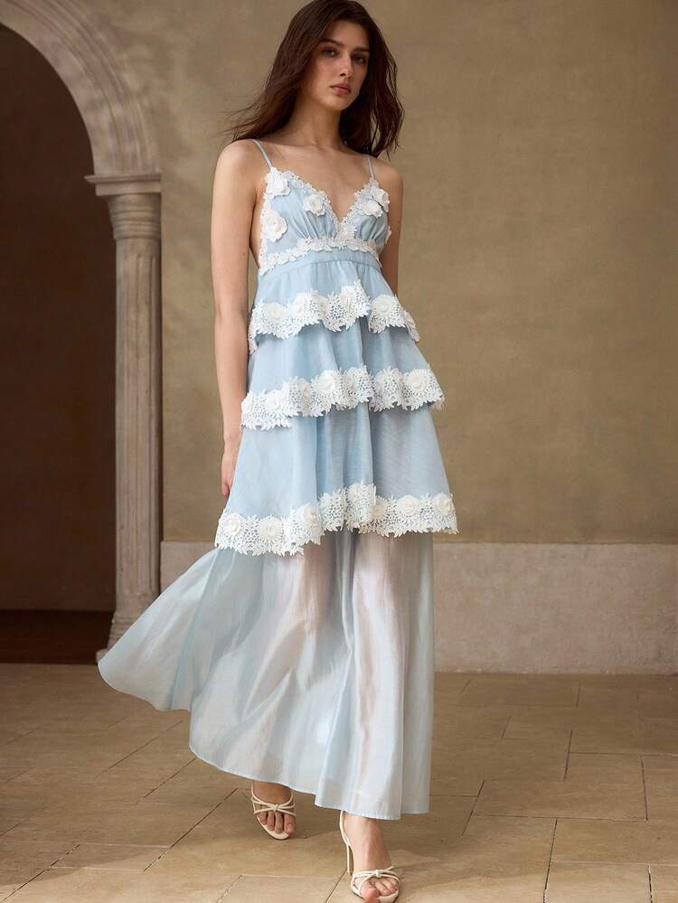 2026 SUMMER WOMEN'S SPAGHETTI STRAP TIERED LACE FLORAL LONG DRESS