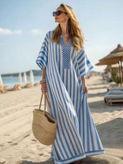 SHEIN Holidaya Women's Long Shoulder Sleeve Blue & White Striped Print A-Line Dress, Suitable For Vacation, Picnic, Beach, Date, Commute, Business And Other Occasions Women Vacation Dress Boho Summer Dress Women Coastal Dresses Loose Summer Dress Mediterranean Style Clothes Caftan Dress Women Beach Dress Swimsuit Cover Up Women Cotton Summer Dresses Casual Summer Dresses Women Causal Summer Dresses Women