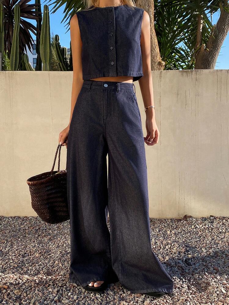 Women's Round Neck Sleeveless Open Front Denim Vest And Loose Straight Leg Jeans Casual Denim Set