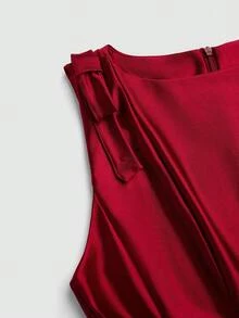 Olithes 女士优雅缎面蝴蝶结装饰酒红色短款连衣裙，无袖 - 酒紅色 - 查看 8