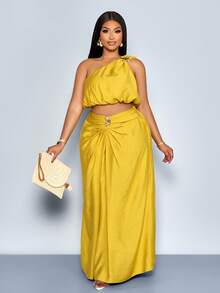 SOLERSUN Plus Size Sexy And Elegant Polka Dot Two Pieces Set, Off-Shoulder Top, Long Skirt, Faux Linen Casual Yellow Suit, Perfect For Commuting And Vacation, Spring/Summer Women's Wear,Quiet Luxury Vacation - Mustard Yellow - View 3