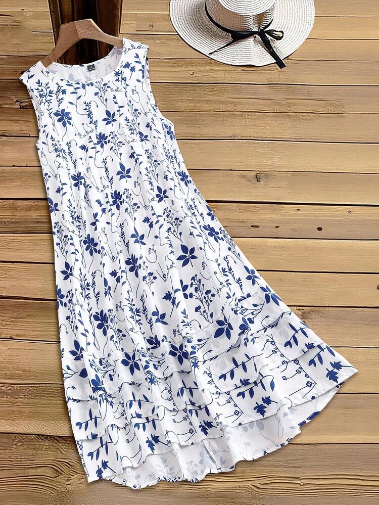 Plus Size Women Floral Print Sleeveless Casual Vacation Dress,Spring Outfit Women,Beach Vacation Outfits For Women,Going Out Outfits,Casual Dresses For Women,Vacation Outfits Women,Floral Dresses For Women,Spring Dresses,Floral Dress For Women Women Sundress Sun Dress Women Summer Dresses For Women High Low Dress For Women Resort Wear Women Vacation Dress Sleeveless Ruffle Dress Floral Print Sundress Plus Size Floral Dress White And Blue Floral Dress Midi Dress Tiered Dress Floral Print Dress Sleeveless Dress Beach Dress Outfit For Women Sleeveless Summer Dress Women's Casual Dress Women's Summer Dresses Tiered Ruffle Dress Women's Beach Dress