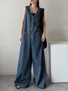 FRIFUL Bộ áo liền quần denim ống rộng hai túi phía trước dành cho nữ - Màu xanh lam - Xem 6