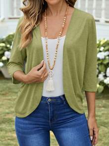 EMERY ROSE Vacation Casual Solid Color Lightweight Cardigan Green Sweaters For Women Solid Color Tops - Army Green - View 3