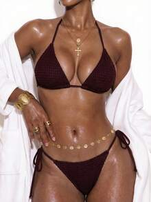 Swim SXY 26SS 女士春夏沙滩套装，两件式泳衣，性感沙滩装，适合度假、派对，优雅波西米亚风，采用精细针织饰边、箔片装饰、蝴蝶结点缀，配有可调节三角比基尼上衣 - 棕色 - 查看 6