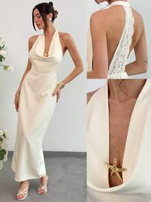 Aloruh Đầm maxi nữ mùa Xuân/Hè mới, thanh lịch, lãng mạn, thích hợp cho buổi hẹn hò đêm Valentine, gợi cảm, đi biển, nghỉ dưỡng, mùa cưới, dây mảnh, cổ khoét sâu, trang trí kim loại, ren ghép, hở lưng, màu mơ trơn. - Màu be - Xem 10