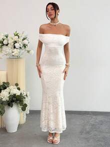 Aloruh 春夏新款蕾丝露肩露背性感修身鱼尾连衣裙，白色蕾丝连衣裙，浪漫约会连衣裙，晚礼服，派对连衣裙，海滩度假连衣裙，性感新娘装，女士海滩装，舞会度假装，女士海滩装，露肩海滩装，马贝拉穿搭灵感，丰收节快乐 - 白色 - 查看 14