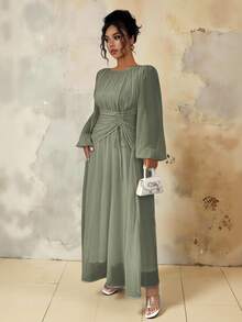 Roveilla 大码女式春夏法式浪漫西西里优雅休闲通勤度假圣诞派对纯棕色圆领褶皱腰抽绳A字弹力腰长袖连衣裙 - 軍綠色 - 查看 3