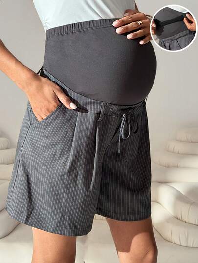 MaterniWear 可调节腰带口袋条纹宽松孕妇短裤