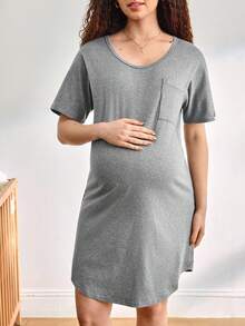 Moonlight&Mama Áo ngủ ngắn tay màu trơn mùa hè dành cho bà bầu - Màu xám đen - Xem 3