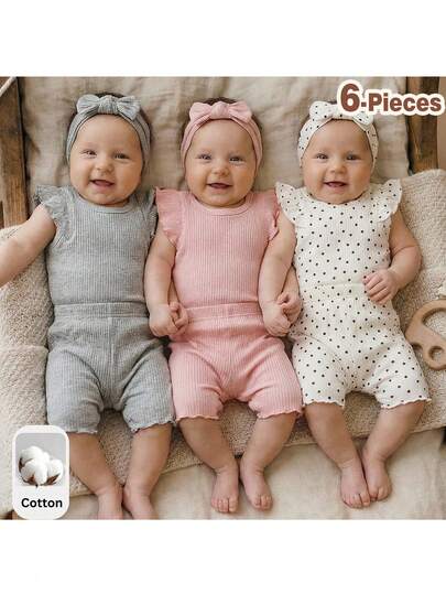 Loomiva 6pcs Baby Girl Solid Color Knit Soft Round Neck Short Sleeve Top And Elastic Waist Shorts Set 6 To 9 Months Girls Clothes Baby Girls Casual Printed Solid Colour Rompers Baby Girl Set