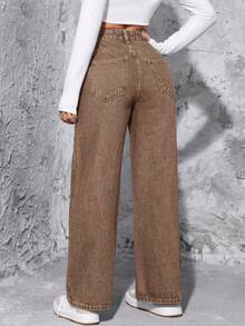 SHEIN PETITE Jeans rectos de cintura alta lavados de estilo casual para mujer - Café integral - Ver 2