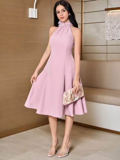 Modelyn Elegant Solid Color Ruffle Trim Halter Neck Dress For Women