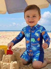 SHEIN 男童恐龙印花拉链连体泳衣，适合海滩度假 - 彩色 - 查看 9