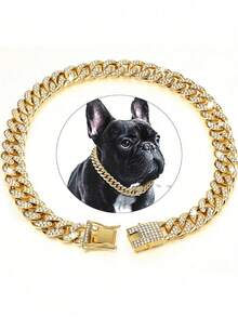 1PC Cuban Chain Inlaid With Artificial Diamonds, Full Diamond Fashionable Pet Necklace, Sparkling Pet Necklace, 13mm Wide Dog Necklace, Dog Necklace,Cool Dog Collar, Puppy Chain,Pet Decoration Chain Accessories, Small Medium Large Dogs And Cats, Suitable For Daily Wear And Party, Great Birthday Gift For Pets - Gold - View 2