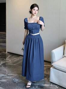 DAZY 泡泡袖露脐上衣搭配牛仔裙，女士休闲度假装扮 - 藍色 - 查看 4