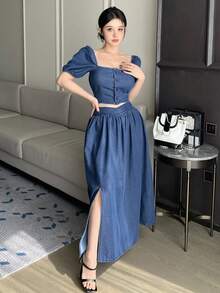 DAZY 泡泡袖露脐上衣搭配牛仔裙，女士休闲度假装扮 - 藍色 - 查看 6