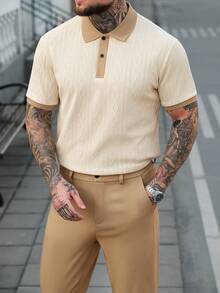 Manfinity CasualCool Men's Casual Daily Polo Shirt Set Beige Men Outfit Men Buttoned Knitted Polo Apricot Men Outfit Cream Outfit Men - Apricot - View 1