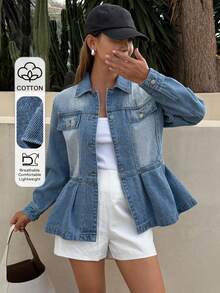 DAZY Chaqueta vaquera casual de manga larga con cuello, cintura ceñida y dobladillo plegable para mujer - Azul lavado medio - Ver 1