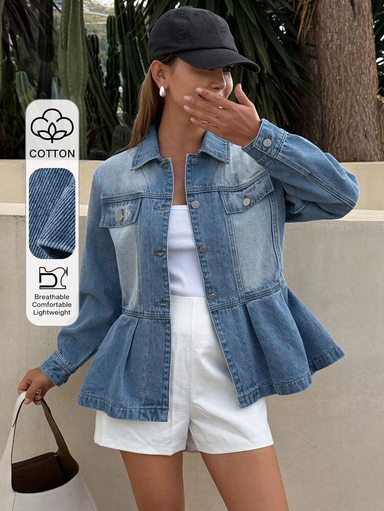 Women's Collared Cinched Waist Fold-Up Hem Long Sleeve Casual Denim Jacket