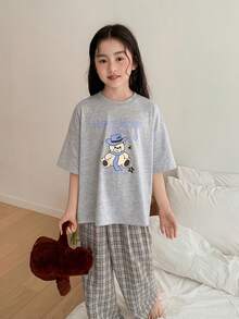 DAZY Tween Girl Cartoon Print Short Sleeve Top And Plaid Pants Pajama Set - Grey - View 2