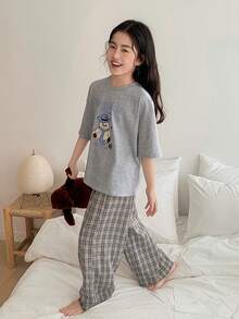 DAZY Tween Girl Cartoon Print Short Sleeve Top And Plaid Pants Pajama Set - Grey - View 5