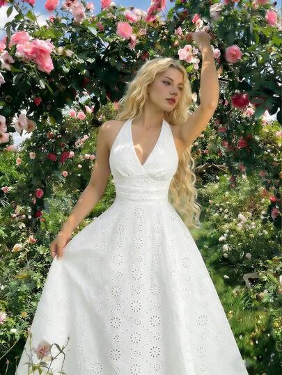 SHEIN MOD Vestido largo con cuello halter en V, bordado floral y tejido jacquard para mujer - Estilo vintage barroco, para citas, fiestas, eventos glamorosos, celebraciones y bailes de graduación