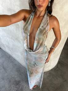 Aloruh 女士新款夏季连衣裙，扎染印花波西米亚风薄纱罩衫，优雅性感浪漫复古露背深V领连衣裙，女士度假装，女士沙滩裙 - 綠色 - 查看 9