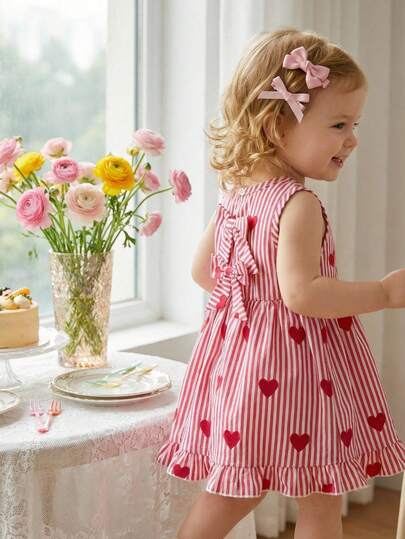 Souflis Souflis 1pc Baby Girls' Heart Print Pink & White Striped A-Line Dress, Ruffle Hem Decor, Bow Back Decor, Sweet & Cute, Suitable For Spring & Summer, Baby Girls' Summer Dress, Baby Girls' Heart Dress, Toddler Girls' Pink Summer Dress, Toddler Girls' Holiday Dress, Baby Girls' Striped Heart Dress Red Striped Heart Dress Toddler Girl Heart Dress Toddler Summer Dresses