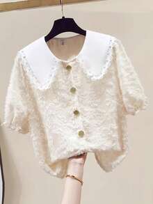 Lyxana Women's Cutout Peter Pan Collar Short Puff Sleeve Cute Blouse Blouse For Women Elegant Classy Lace Shirts For Women Latest Tops For Women New Arrivals Blouse Korean Style Blouses For Teens - Apricot - View 1