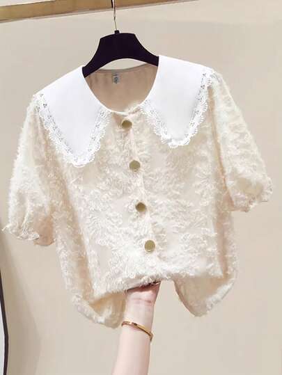 GlowEve Blusa linda con cuello Peter Pan y mangas cortas abullonadas con recortes para mujer